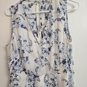 Sleeveless White & Blue Floral Wrap-Front Women's Top